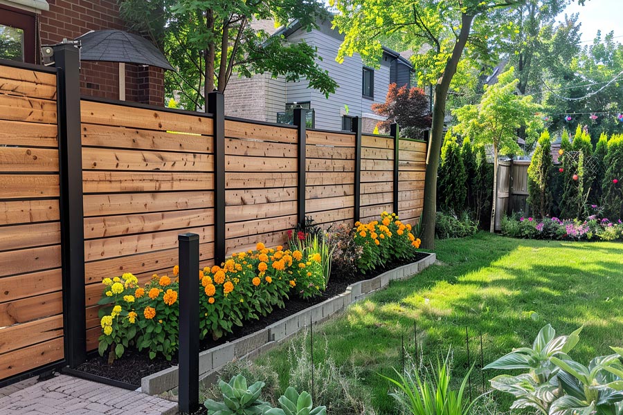 a fence with flowers and grass in front of a house